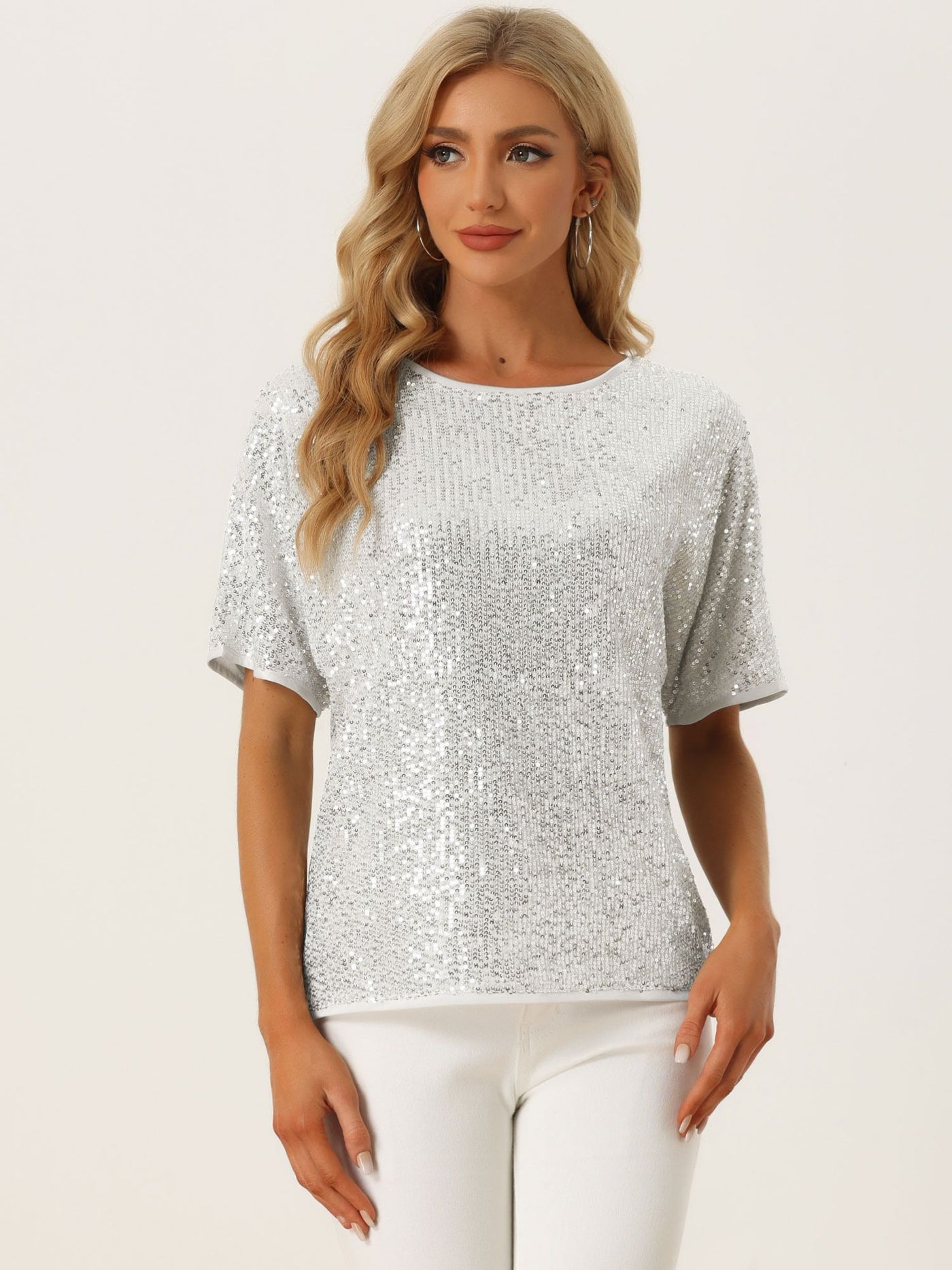 Allegra K Sequin Top Round Neck Short Sleeve Party Clubwear Blouse