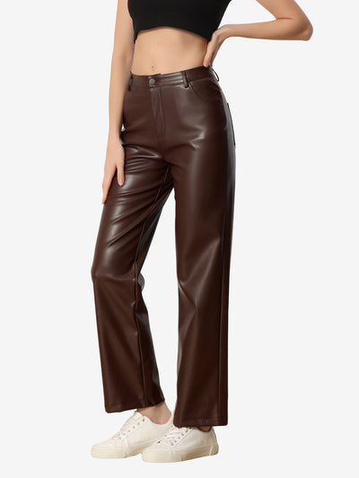 Allegra K Faux Leather Pants High Waist Straight Leg Casual PU Punk Trousers