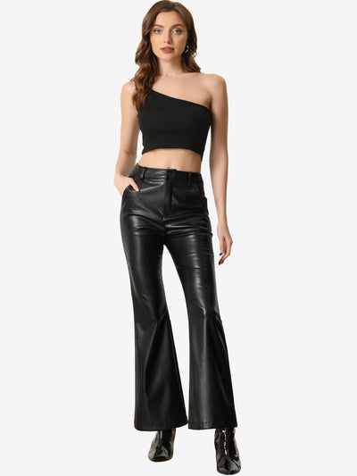 Faux Leather Flared Pants High Waist Bell Bottom PU Trousers