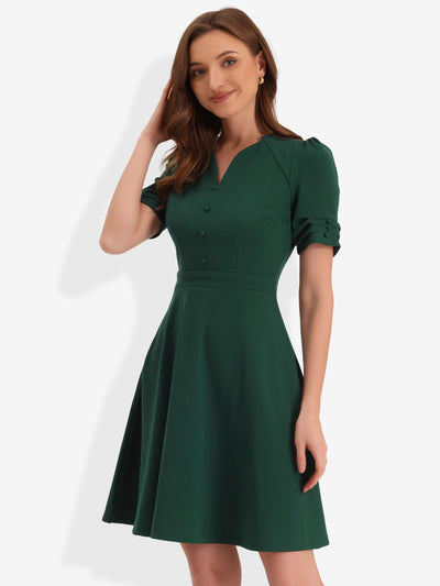 Elegant Short Puff Sleeve V Neck A-Line Zipper Side Office Dress