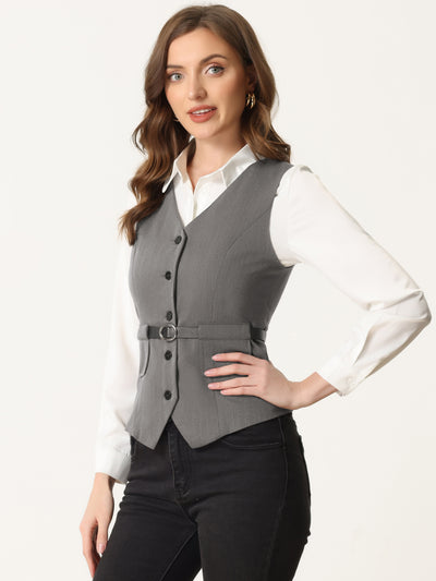 Button Front Closure Vest V Neck Belted Pockets