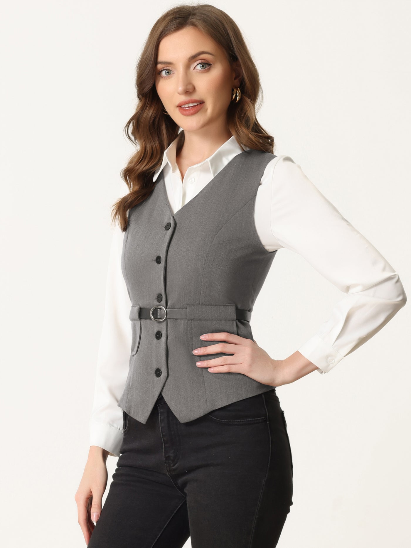 Allegra K Button Front Closure Vest V Neck Belted Pockets