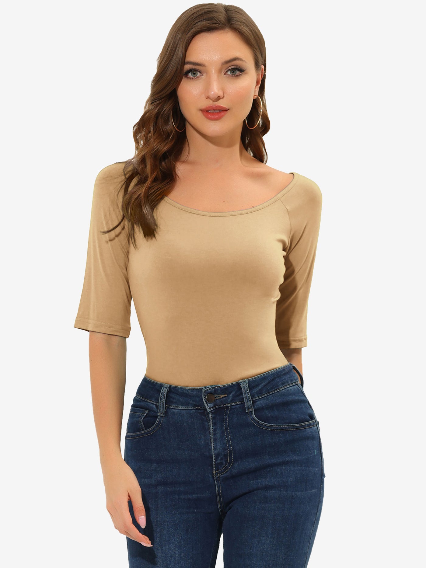 Allegra K Half Sleeve Scoop Neck Fitted Layering Top T-Shirt