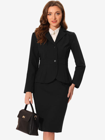 Long Sleeve Notched Lapel Peplum Blazer Pencil Skirt 2 Piece Set