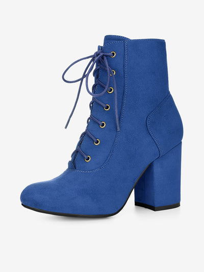 Faux Suede Round Toe Lace Up Chunky Heel Ankle Booties