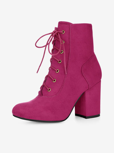 Faux Suede Round Toe Lace Up Chunky Heel Ankle Booties