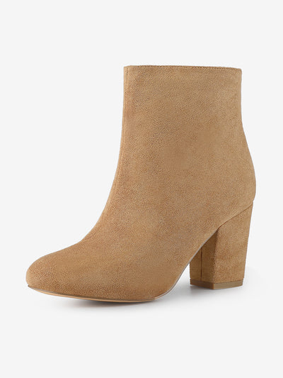 Faux Suede Round Toe Block Heel Zipper Ankle Boots