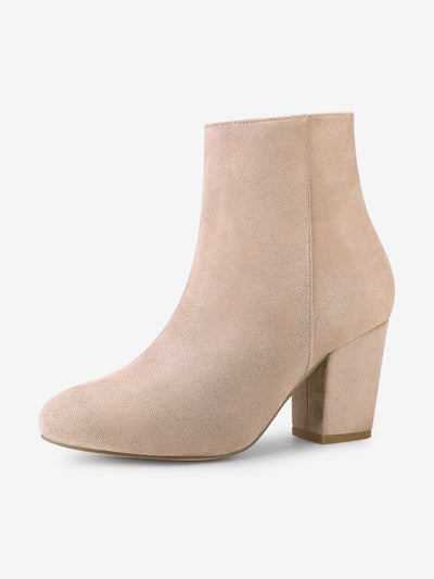 Round Toe Side Zip Chunky Heel Ankle Boots