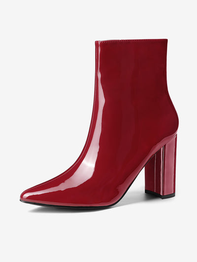 Faux Patent Leather Chunky Heel Pointed Toe Zipper Ankle Boots