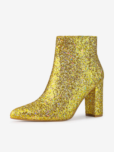 Glitter Pointed Toe Chunky Heel Zipper Ankle Boots