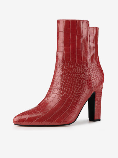 Crocodile Printed Pointed Toe Chunky Heel Ankle Boots