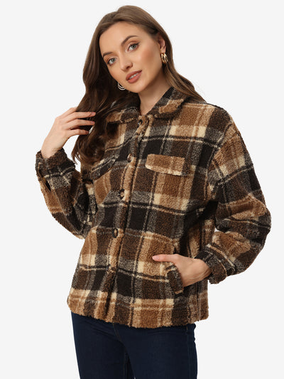 Allegra K Faux Fleece Jacket Button Down Casual Warm Plaid Coat Outwear