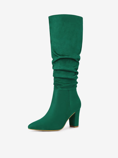 Slouchy Pointed Toe Chunky Heel Knee High Boots