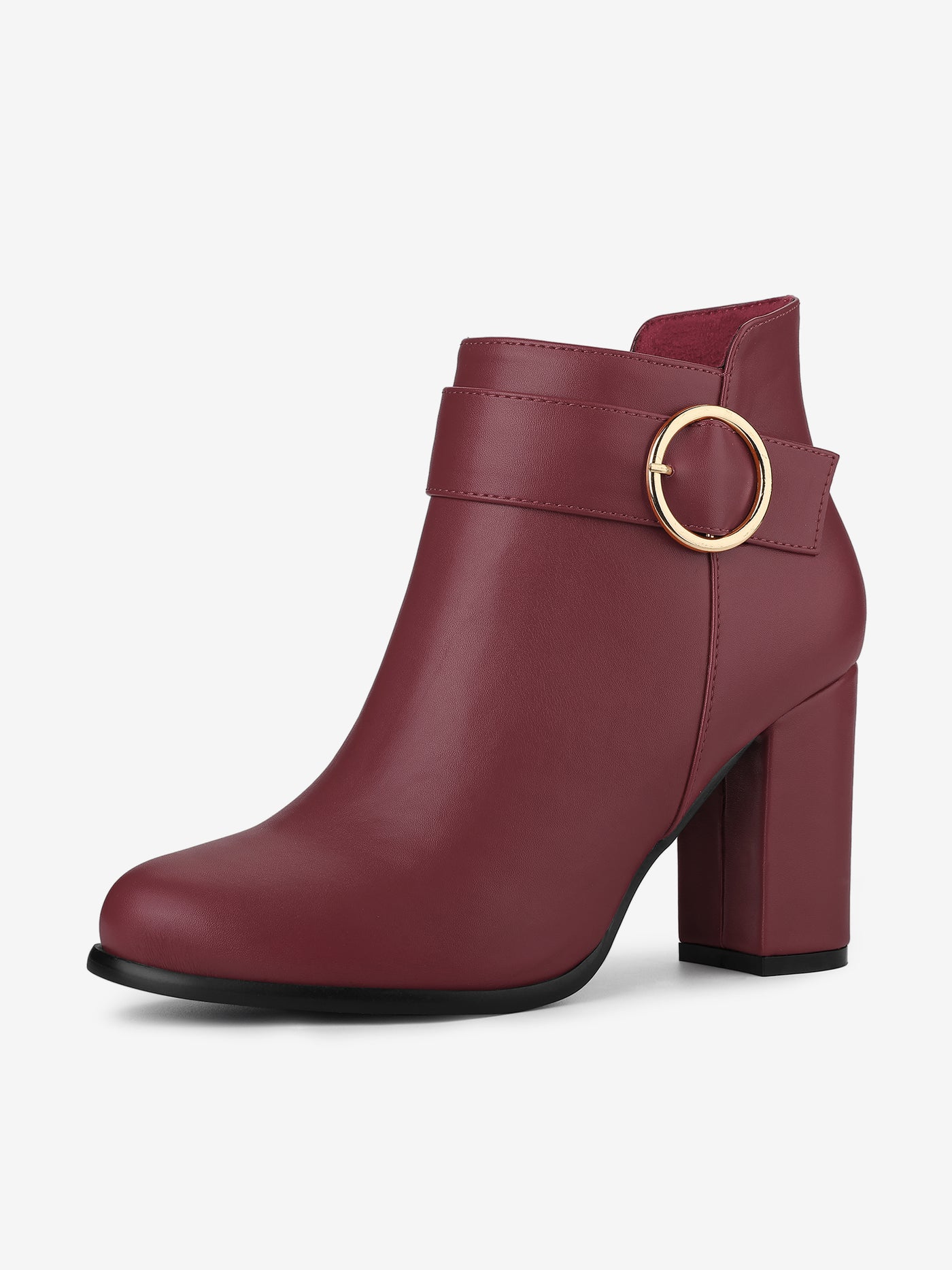 Allegra K Round Toe Circle Buckle Chunky Heel Ankle Boots