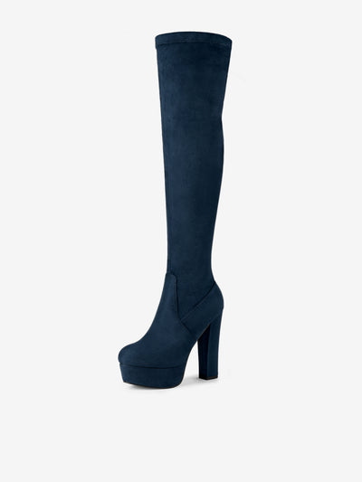 Faux Suede Platform Block Heel Over Knee High Boots