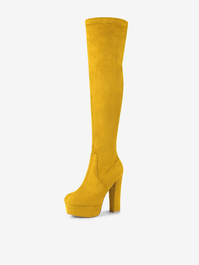 Faux Suede Platform Block Heel Over Knee High Boots