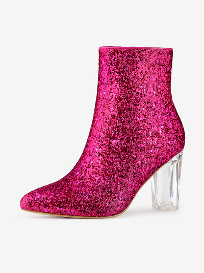 Pointed Toe Clear Block Heel Glitter Ankle Boots