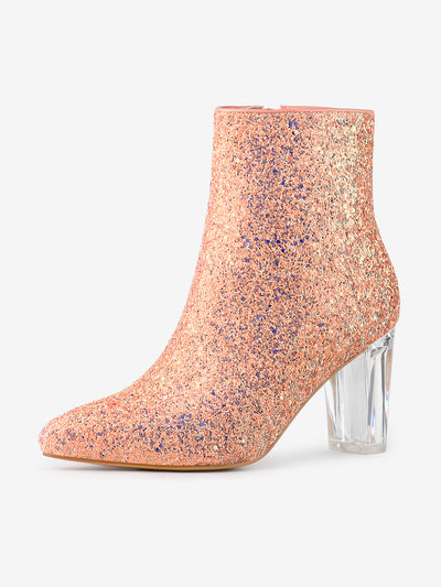 Pointed Toe Clear Block Heel Glitter Ankle Boots