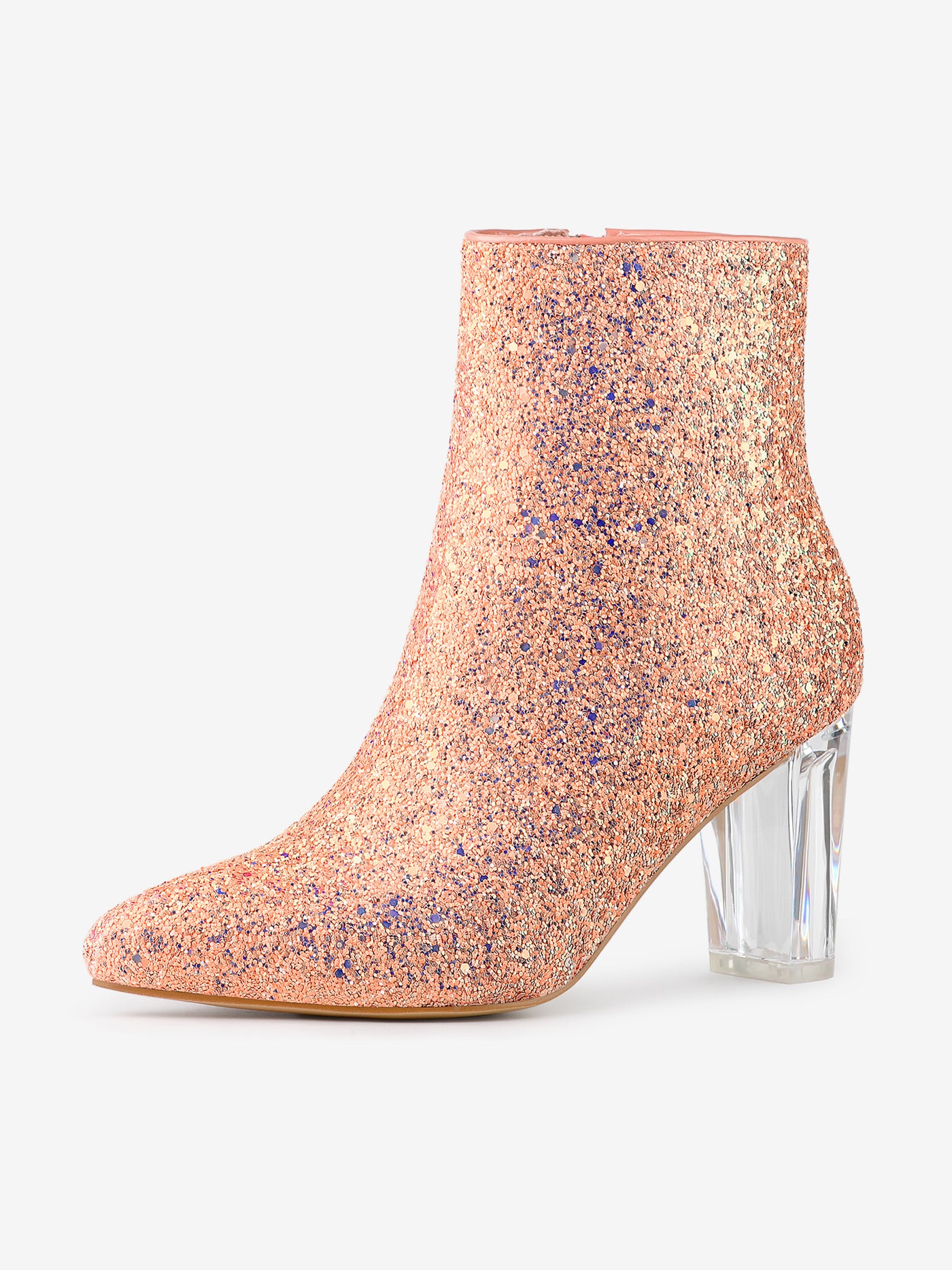 Allegra K Pointed Toe Clear Block Heel Glitter Ankle Boots