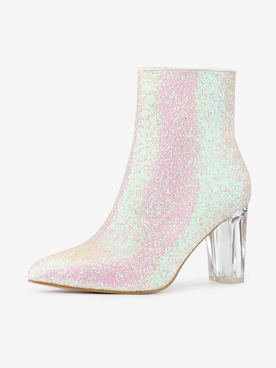 Pointed Toe Clear Block Heel Glitter Ankle Boots