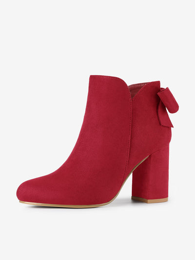 Round Toe Bow Decor Chunky Heel Ankle Boots