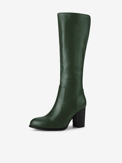 Faux Leather Round Toe Block Heel Knee High Boots