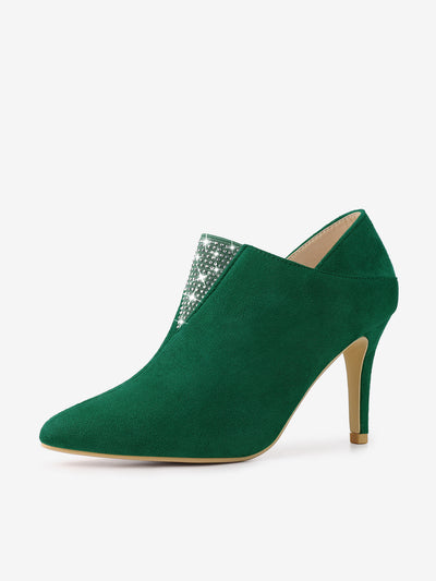 Pointed Toe Rhinestones Pull On Stiletto Heel Ankle Booties