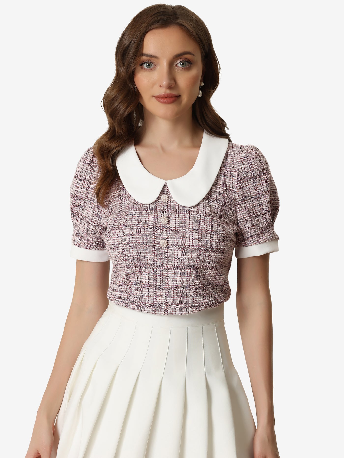 Allegra K Tweed Top Button Decor Peter Pan Collar Blouse