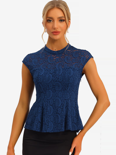 Crochet Peplum Floral Mock Neck Cap Sleeve Lace Blouse