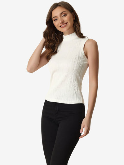 Sleeveless Fitted Top Mock Neck Textured Ribbed Knit Tank Tops