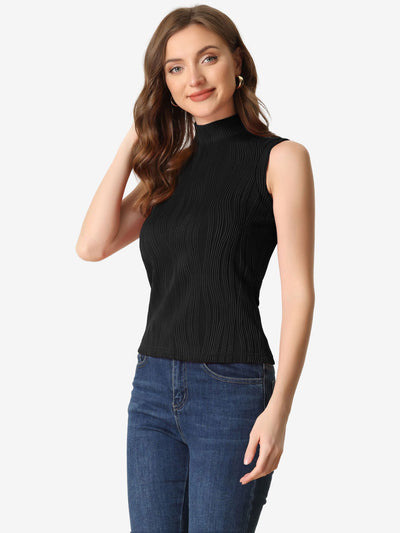 Sleeveless Fitted Top Mock Neck Textured Ribbed Knit Tank Tops