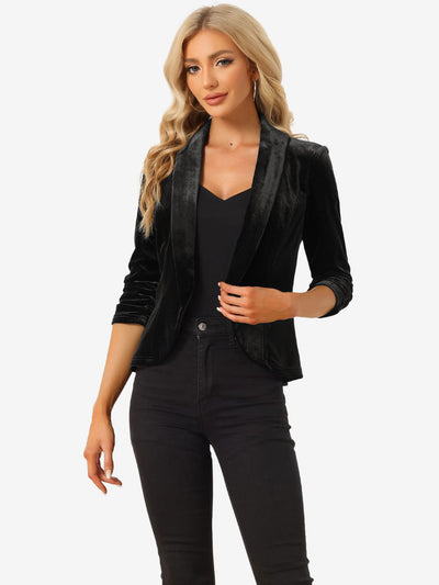 Allegra K Lapel Collar Velvet Solid Office Work Open Front Blazer