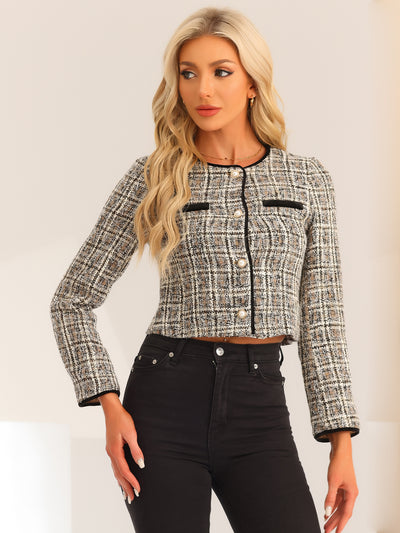 Tweed Plaid Round Neck Faux Pearl Button Long Sleeve Cropped Jacket