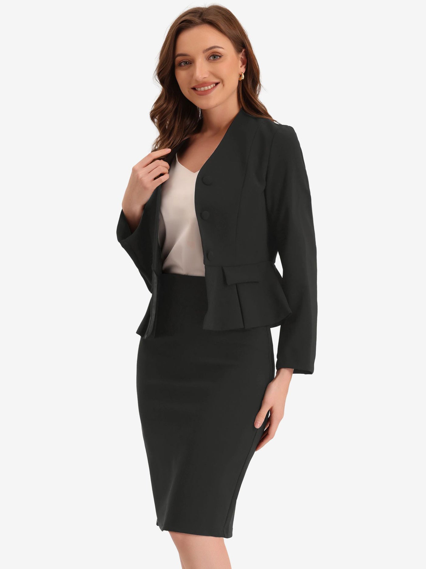 Allegra K 2 Piece Long Sleeve Collarless Peplum Blazer and Pencil Skirt Work Suit Set