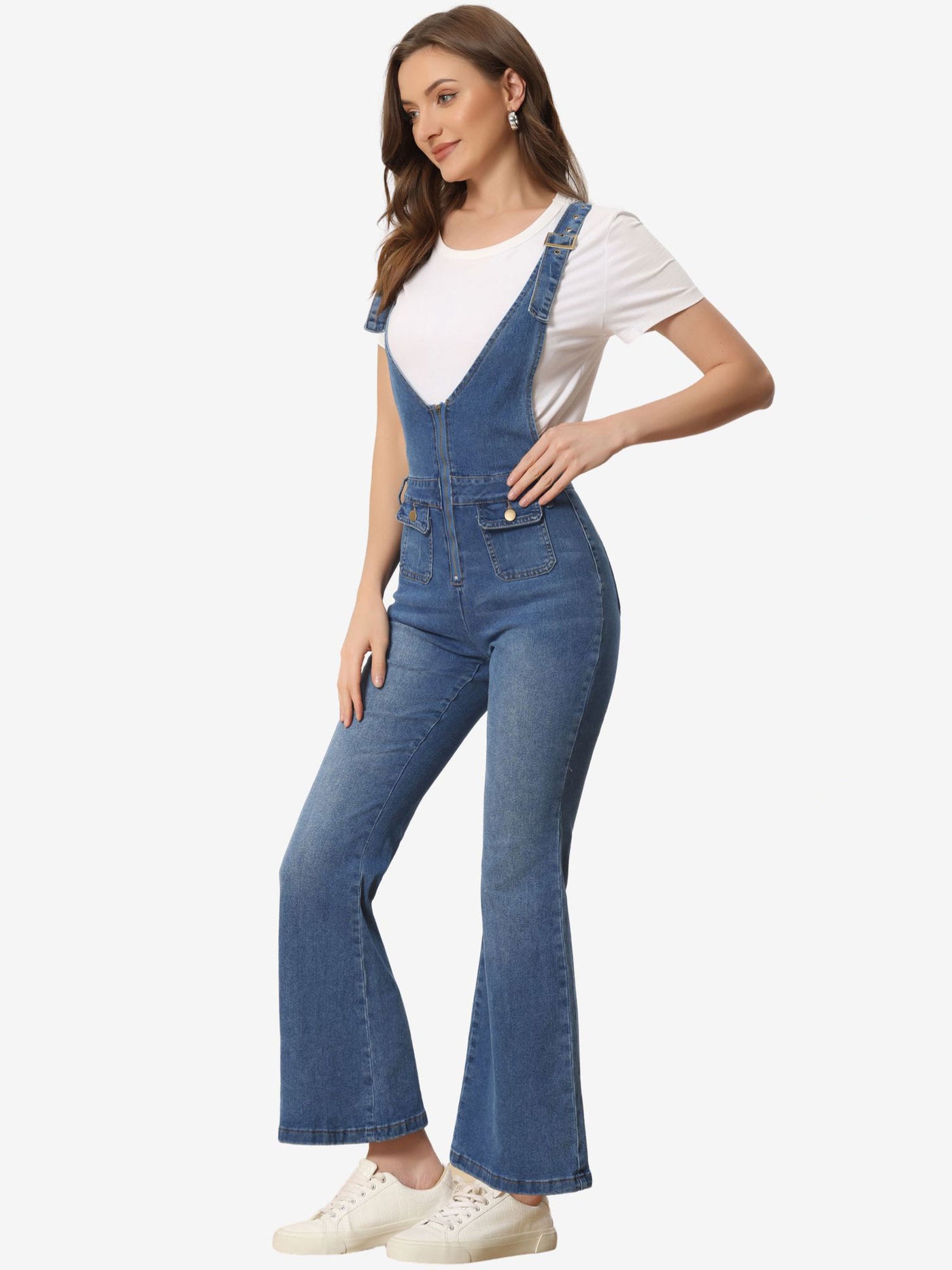 Allegra K Casual Denim Jumpsuits V Neck Zip Up Bell Bottom Jeans Overall