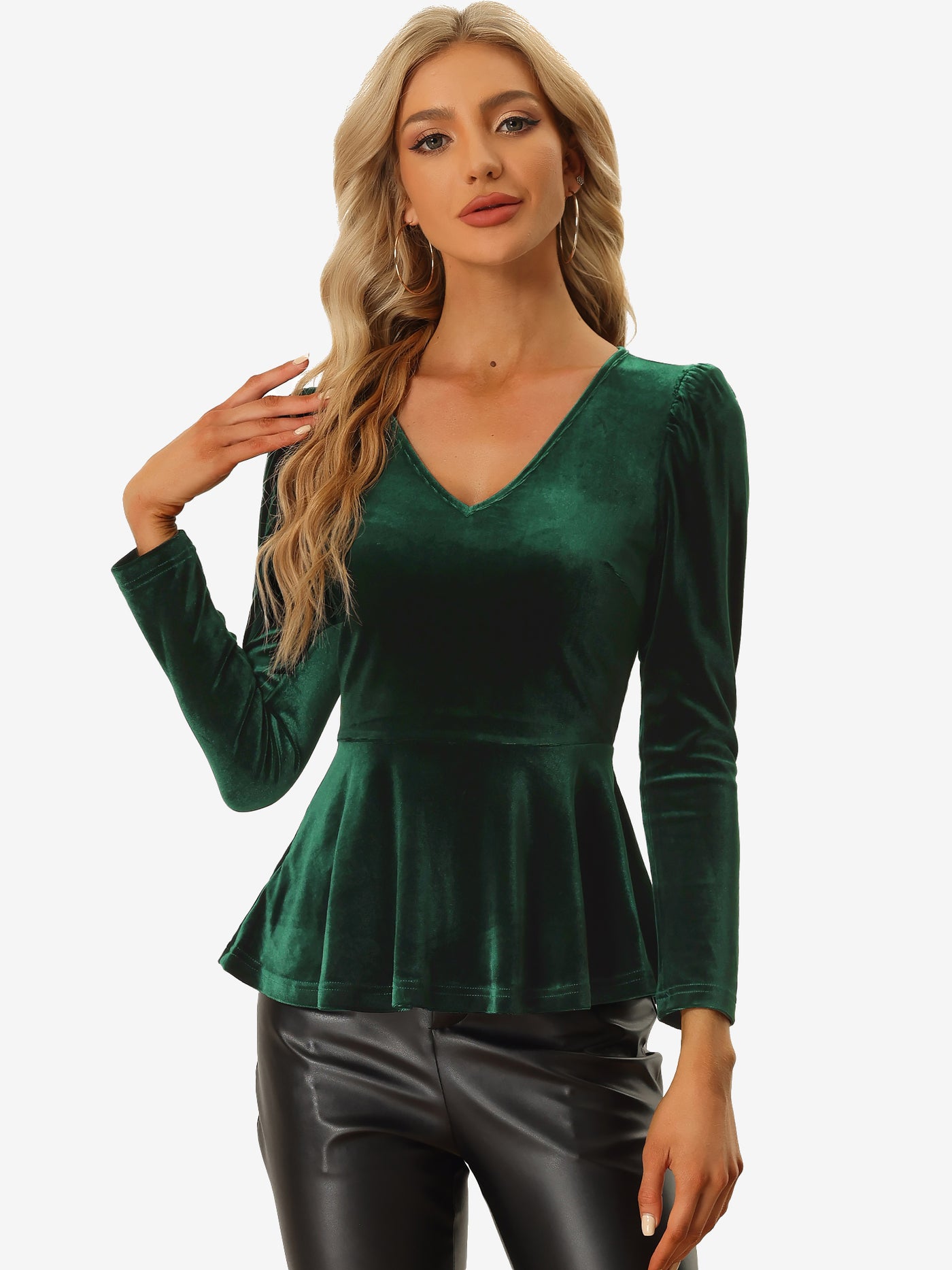 Allegra K Allegra K Velvet Blouse Elegant V Neck Long Sleeve Peplum Top