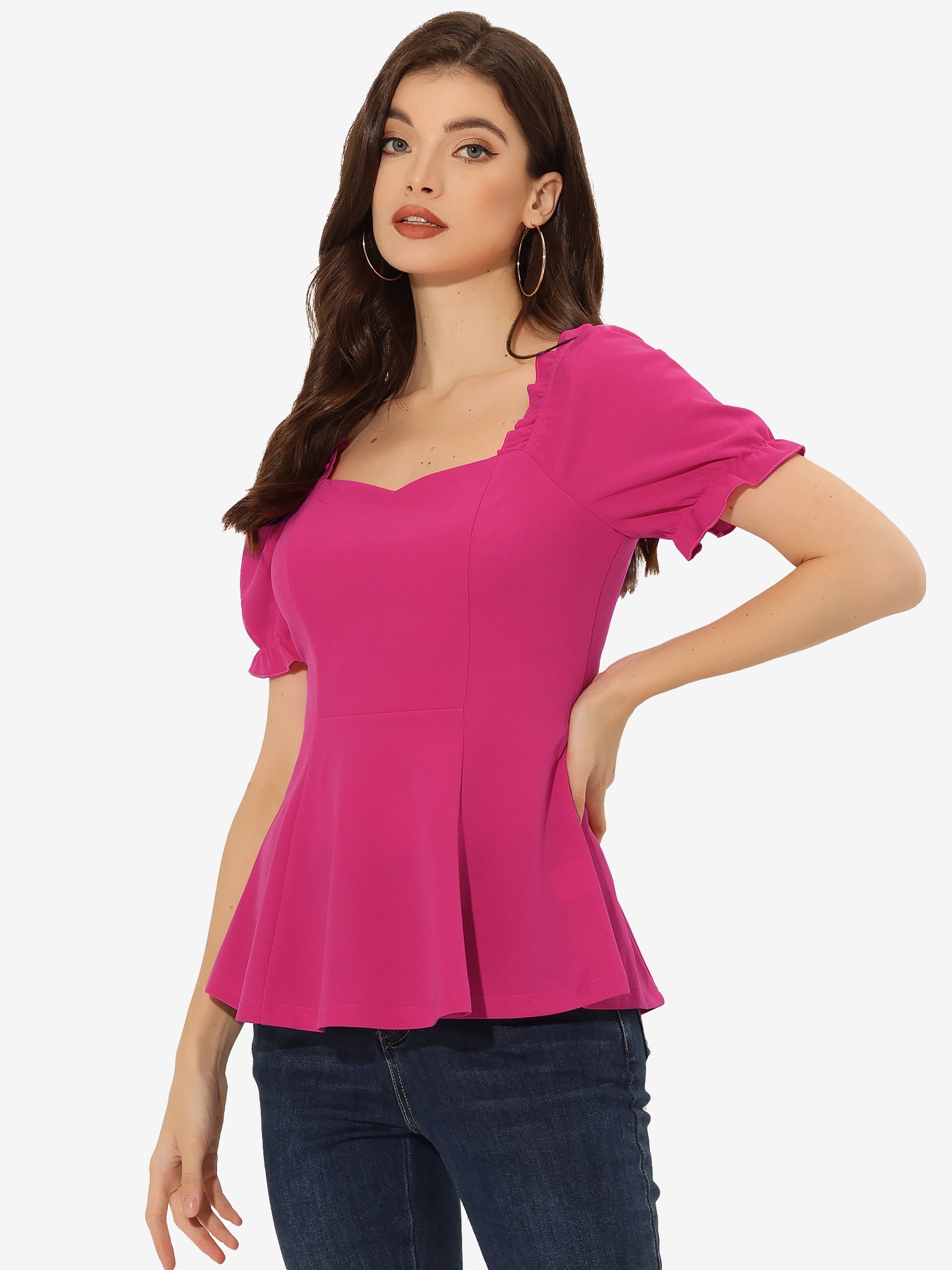 Allegra K Ruffles Sweetheart Neck Puff Sleeve Peplum Blouse