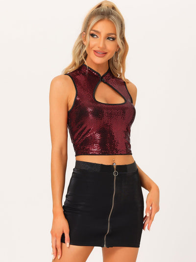 Sleeveless Cut Out Front Crop Tank Slim Fitted Sequins Top