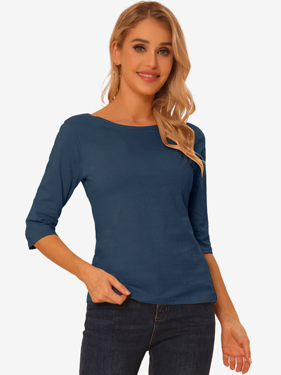 Casual Boat Neck Elbow Sleeve Solid Basic T-shirt