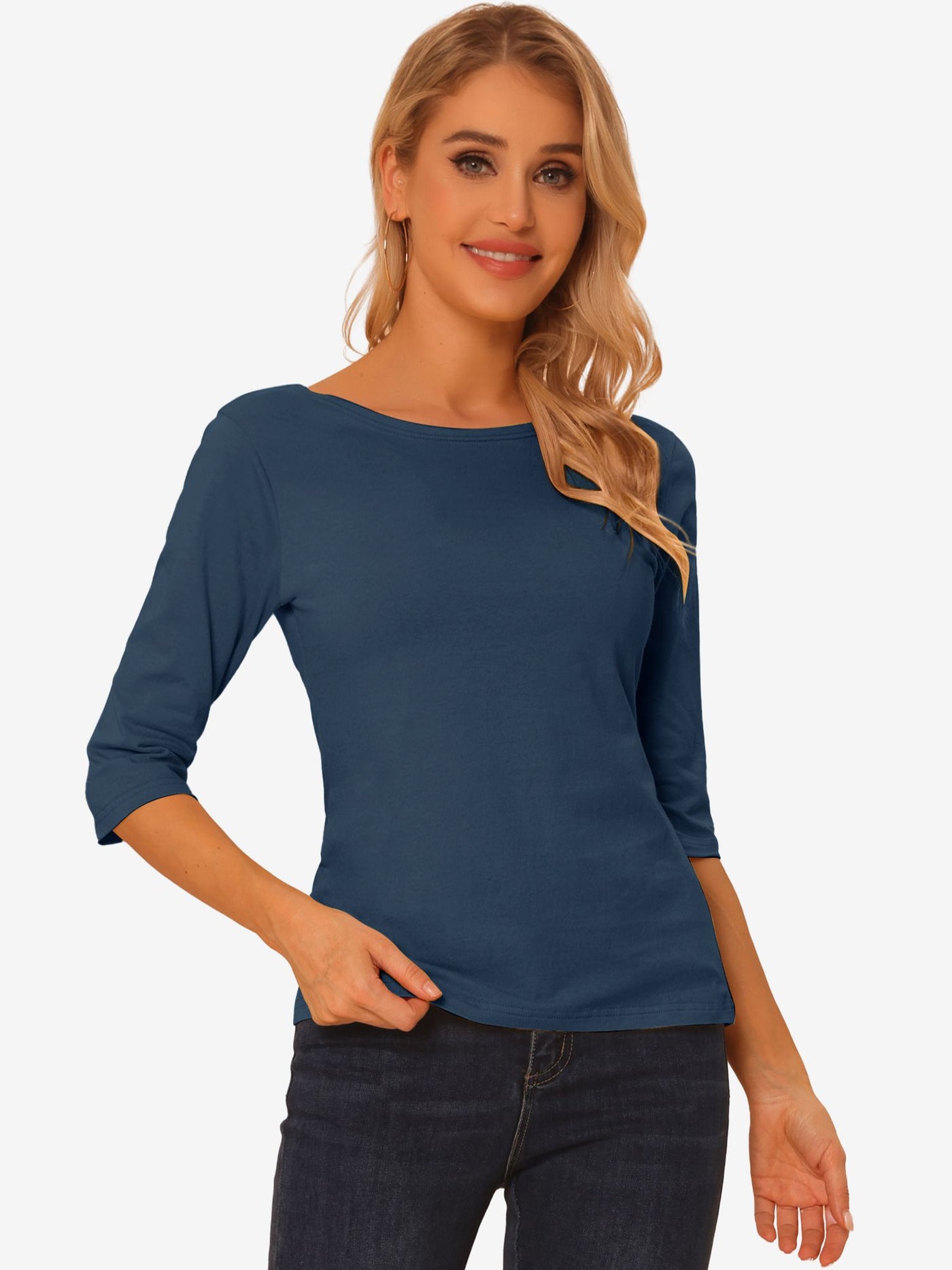 Allegra K Casual Boat Neck Elbow Sleeve Solid Basic T-shirt