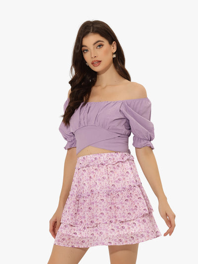 Layered Ruffle Hem Elastic Waist A-Line Skater Floral Mini Skirt