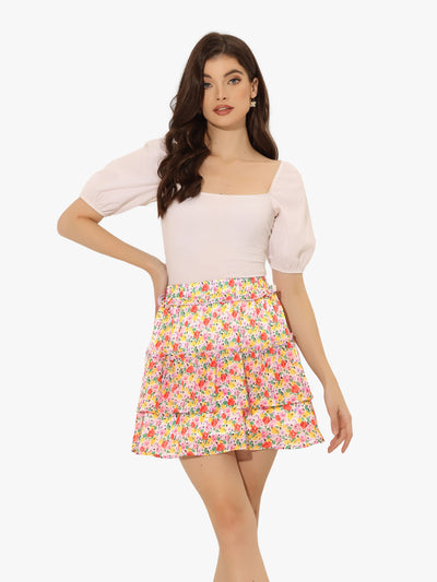 Layered Ruffle Hem Elastic Waist A-Line Skater Floral Mini Skirt