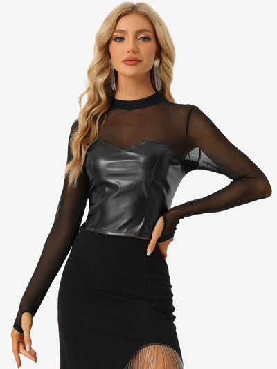 Allegra K Sexy Top Faux Leather Mesh Sleeve Sweetheart Stand Collar Shirt