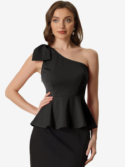 Elegant Peplum Bow Ruffled Hem One Shoulder Top