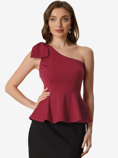 Elegant Peplum Bow Ruffled Hem One Shoulder Top