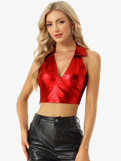 Holographic Crop Top Shimmering Shiny Party Halter Metallic Tops