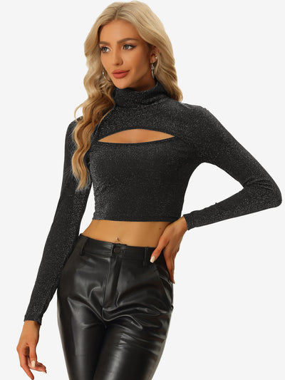 Allegra K Party Tee Long Sleeve Slim Fit Mock Neck Cutout Crop Tops