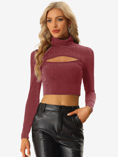 Party Tee Long Sleeve Slim Fit Mock Neck Cutout Crop Tops