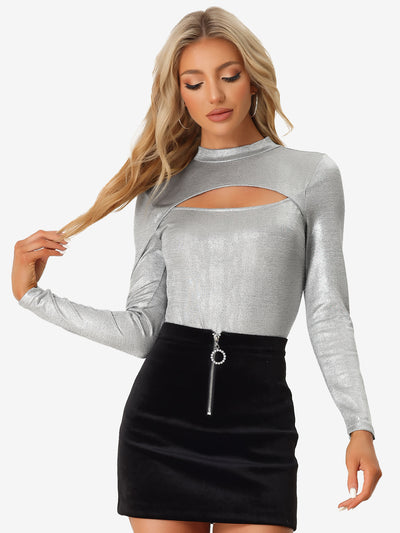 Glitter Party Top Mock Neck Long Sleeve Sexy Cutout T-Shirt