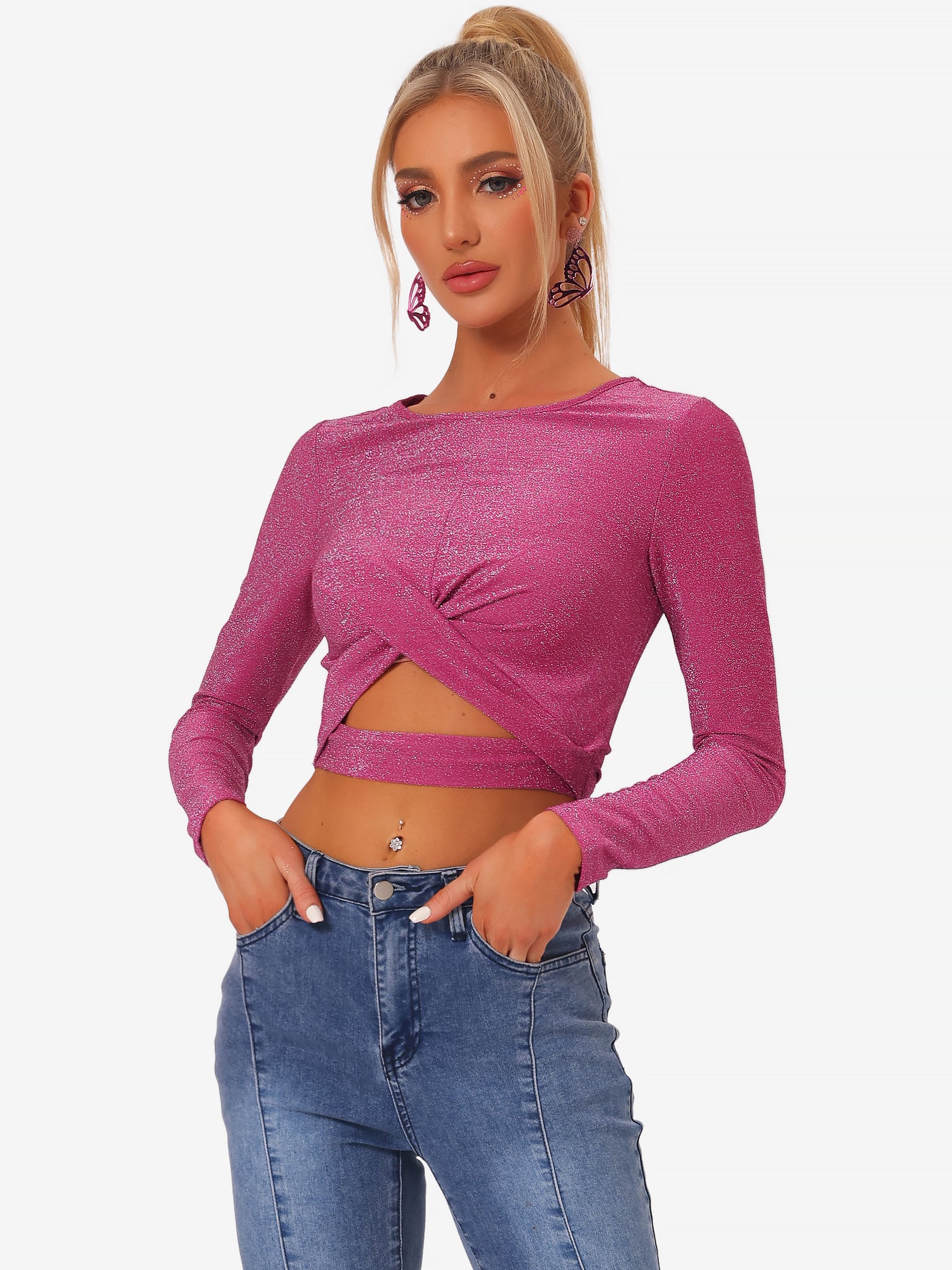 Allegra K Glitter Twist Long Sleeve Cut Out Slim Fitted Sparkle Crop Tops